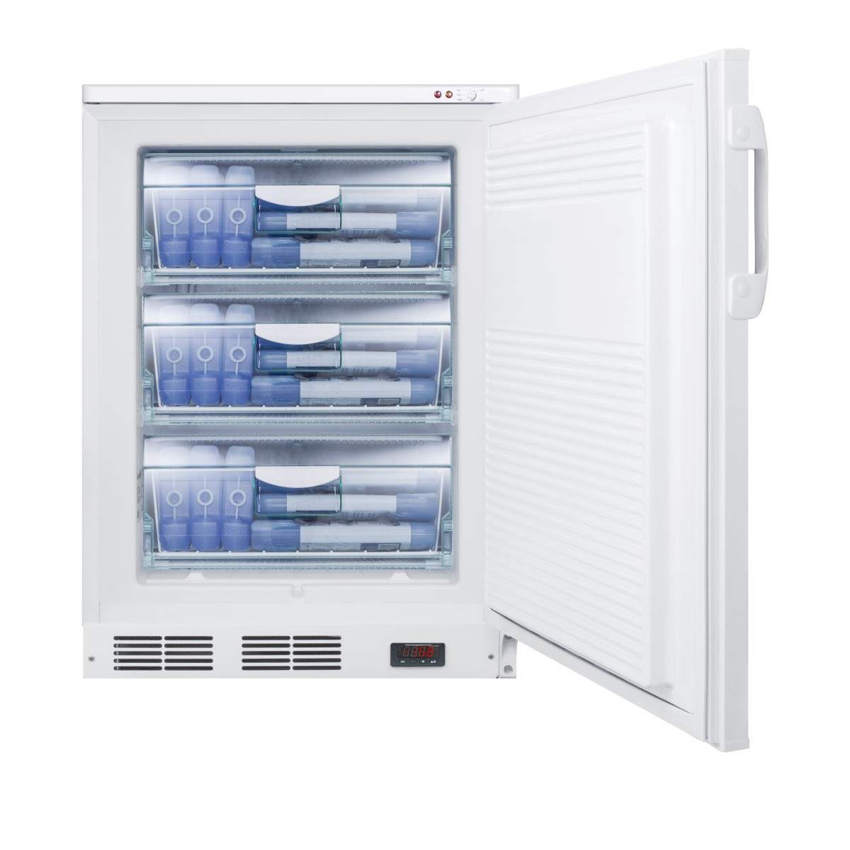 Built-in undercounter vaccine storage all-freezer with digital thermostat, temperature alarm, hospital grade cord, self-closing door, and front lock